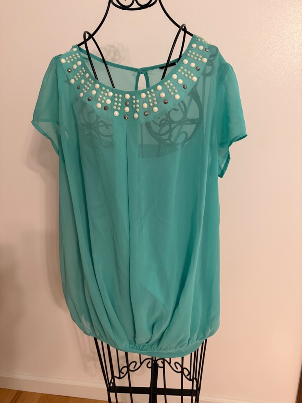 Pearl-Embellished Teal Chiffon Blouse - Women Tops